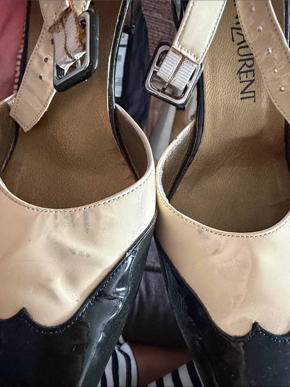 Yves Saint Laurent Two-Tone Patent Leather Slingback Pumps — Black & Cream